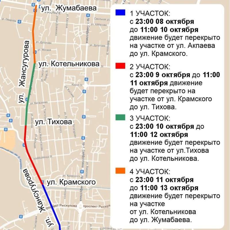 В Алматы временно перекроют участки улицы Жансугурова