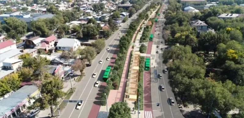 Проект участка транспортного коридора на пр. Райымбека с выделенной инфраструктурой BRT по центру вдоль бульварной части