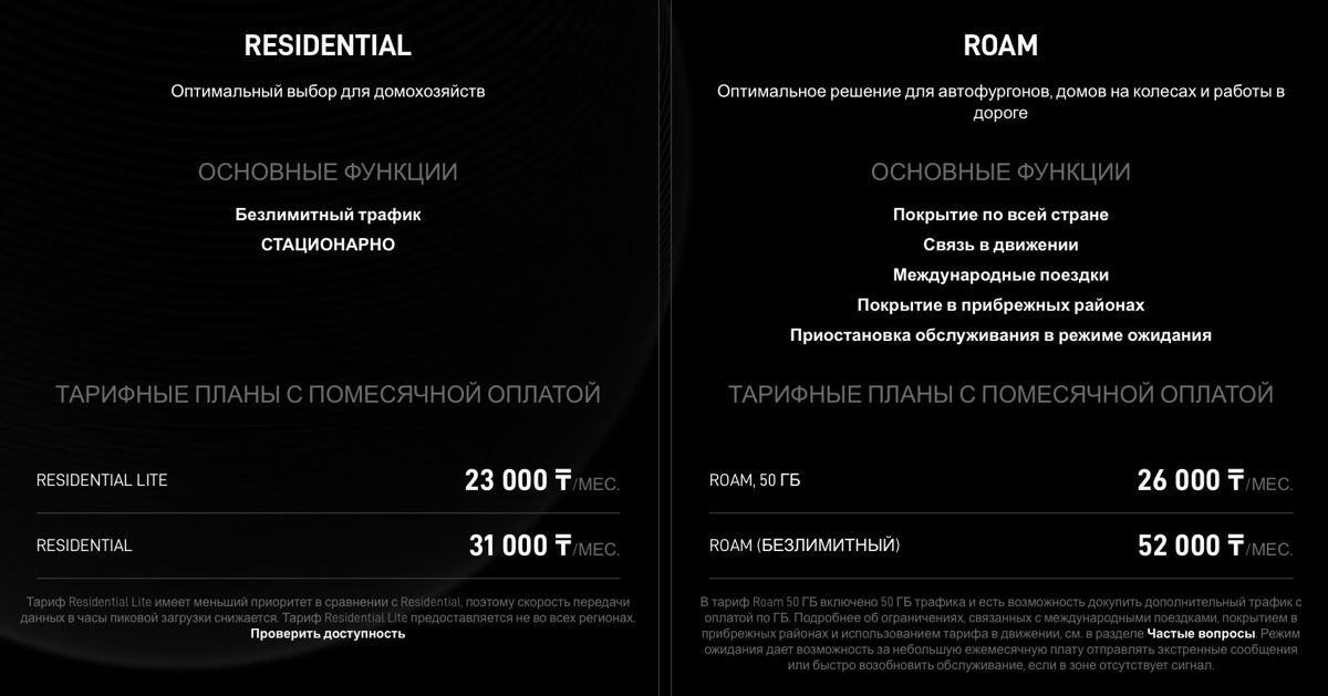 Тарифы Starlink