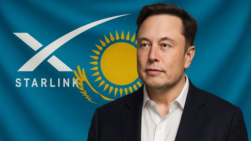 Илон Маск на фоне флага Казахстана