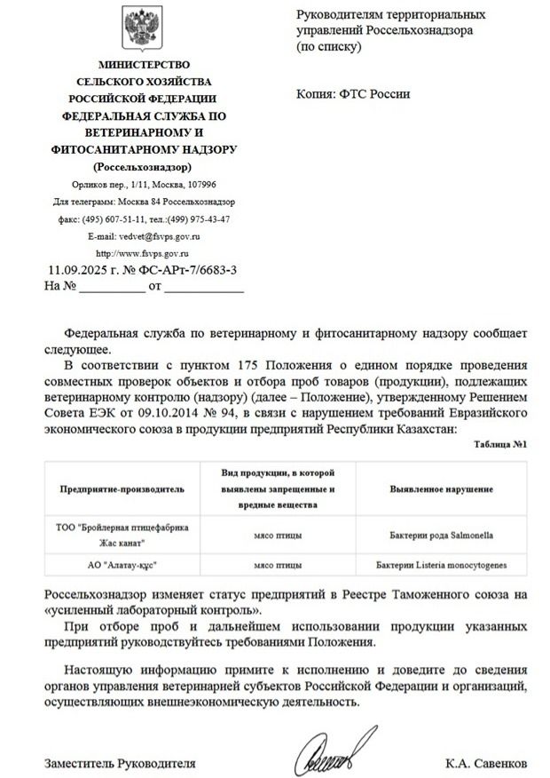 Документ, опубликованный на сайте российского ведомства, за подписью заместителя руководителя 