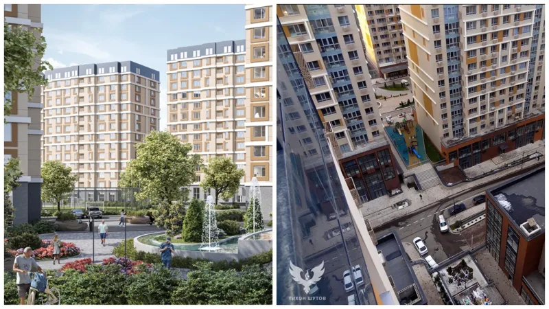 Слева – эскиз ЖК Rams city, размещённый на сайте компании. Справа – реальный вид двора и многоэтажек
