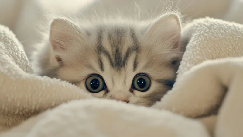 Котёнок прячется в одеяле