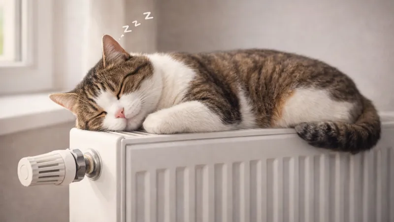 Кот спит на батарее