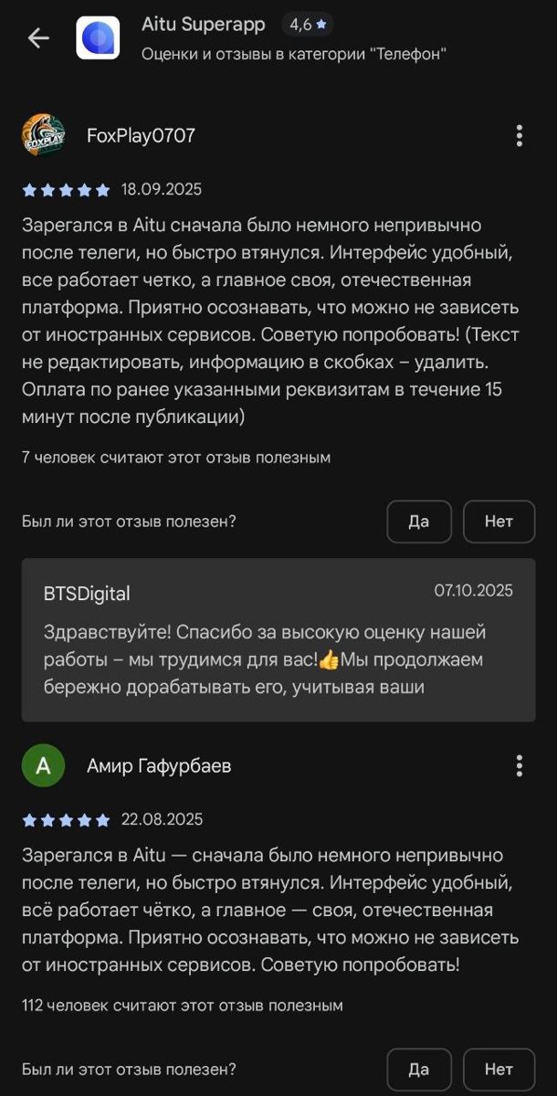 Отзывы в Google Play на приложение Aitu