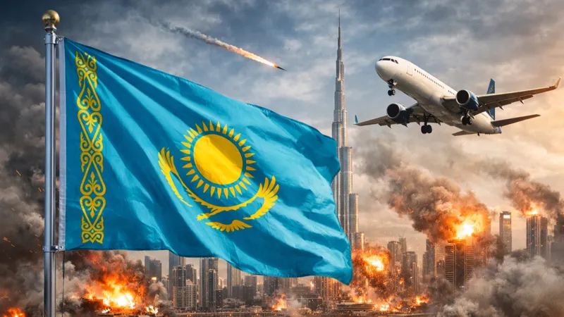 Флаг Казахстана на фоне военных действий в Дубае