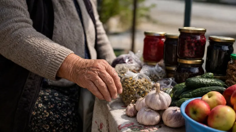 Пожилая женщина торгует овощами