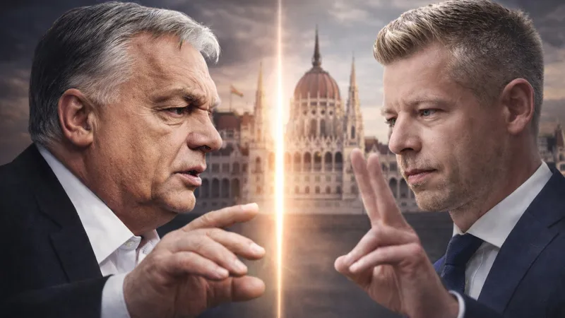 Виктор Орбан и Петер Мадьяр на фоне парламента Венгрии