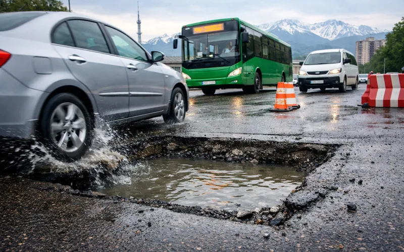 Ямы от срезанного асфальта в Алматы остаются открытыми неделями перед тем, как их заделают новым асфальтом