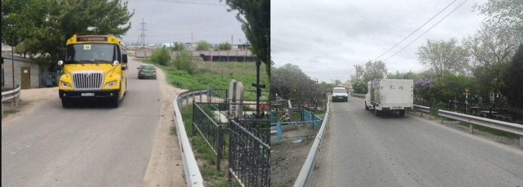 Школьный автобус и грузовик проезжают по территории кладбища
