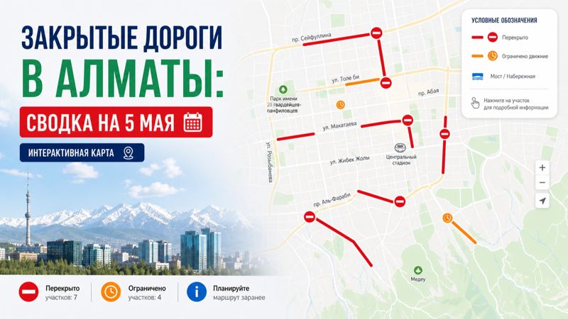 Закрытые дороги в Алматы: сводка на 5 мая. Интерактивная карта