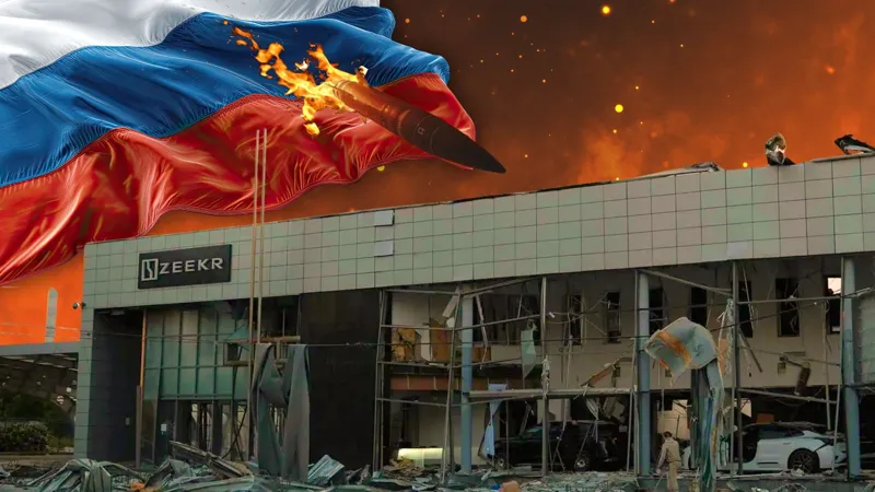 Коллаж авиаудара по автосалону Zeekr в Киеве