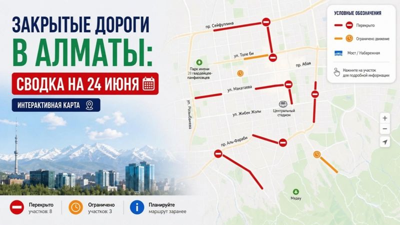 Закрытые дороги в Алматы: сводка на 24 июня. Интерактивная карта