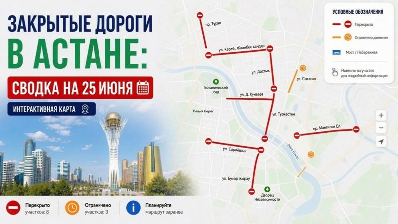 Закрытые дороги в Астане: сводка на 25 июня. Интерактивная карта