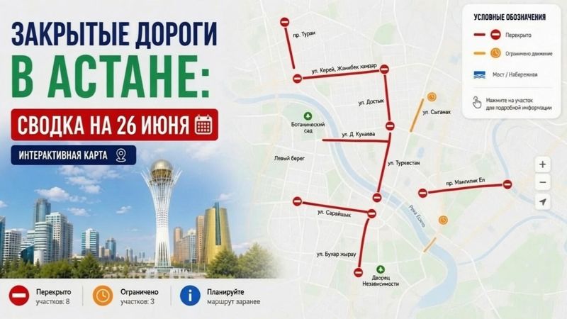 Закрытые дороги в Астане: сводка на 26 июня. Интерактивная карта