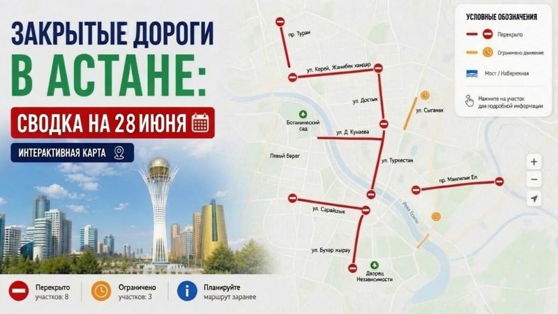 Закрытые дороги в Астане: сводка на 28 июня. Интерактивная карта