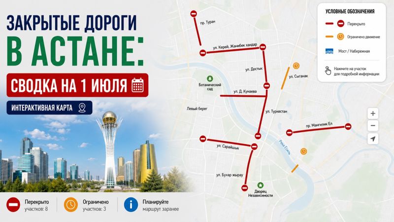 Закрытые дороги в Астане: сводка на 1 июля. Интерактивная карта