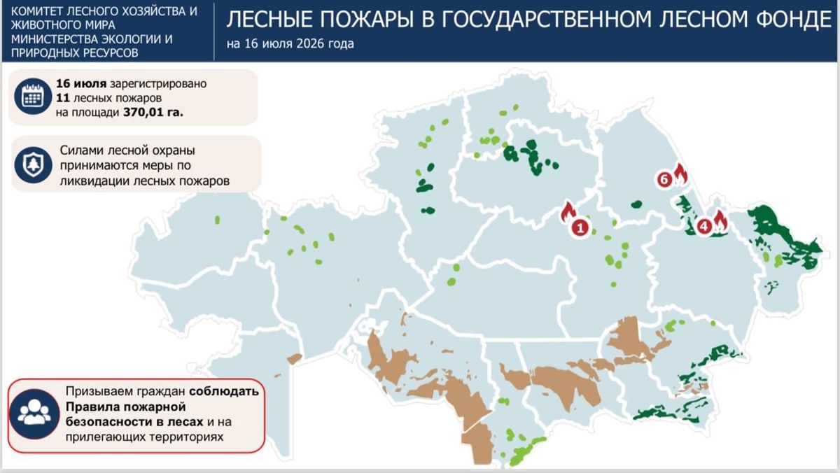 Карта лесных пожаров в Казахстане за 16 июля Карта лесных пожаров в Казахстане за 16 июля