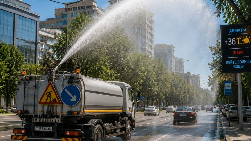 Жара не сдаётся: в Алматы начали поливать улицы и автомобили