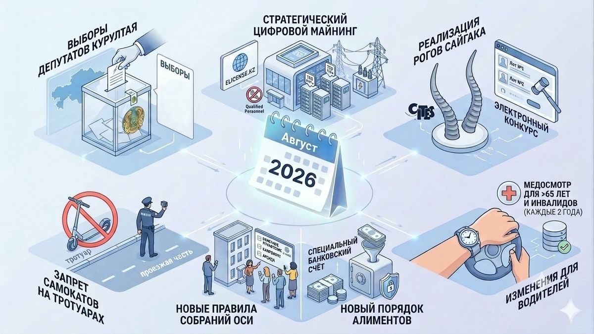Выборы в курултай, новые правила для водителей и алиментов: что изменится в Казахстане с августа