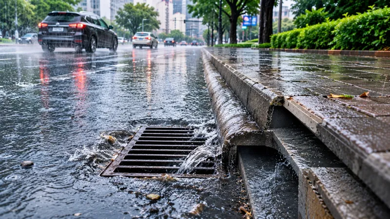 Ливневая система Алматы во время дождя: вода с дороги стекает в дождеприёмник у бордюра.