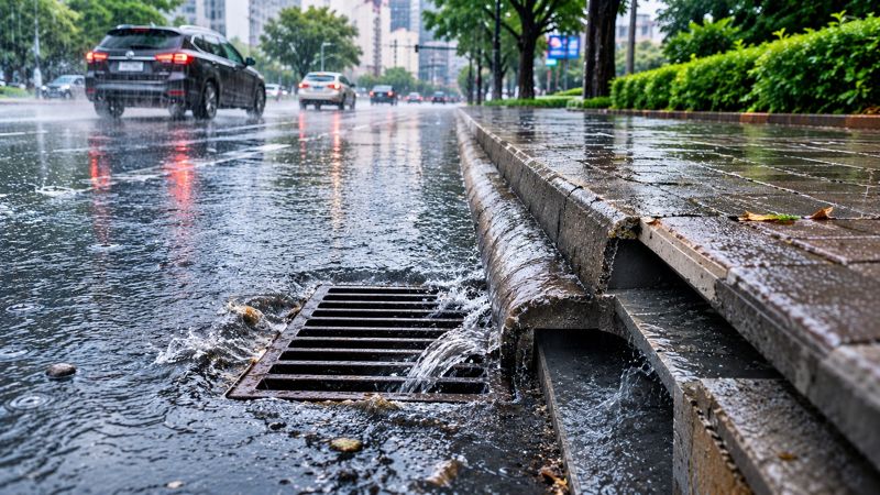 Ливневая система Алматы во время дождя: вода с дороги стекает в дождеприёмник у бордюра.