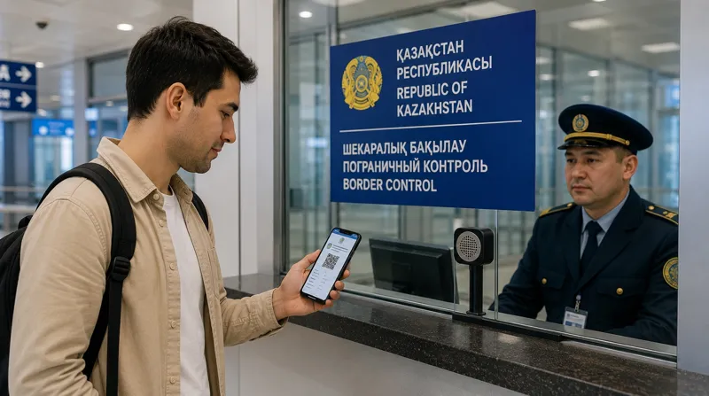 Мужчина показывает своё разрешение на въезд в Казахстан на пограничном контроле