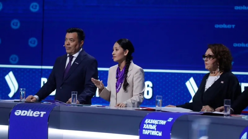 Кандидаты от партии «Әділет» Айжан Аймаганова и Мади Мырзагараев выступили на первых командных телевизионных дебатах на телеканале Jibek Joly
