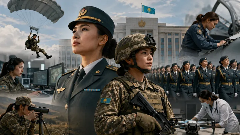 Женщины-военнослужащие Казахстана в форме на фоне военной техники, парашютистки и военнослужащие разных подразделений.