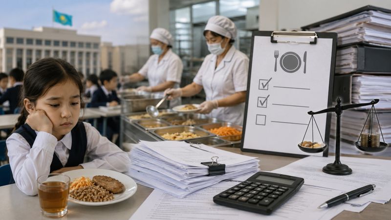 Школьница обедает в столовой на фоне сотрудников пищеблока, документов, калькулятора и символов контроля качества питания.