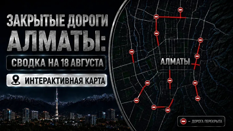 Коллаж карты перекрытых дорог в Алматы и телебашня Коктобе