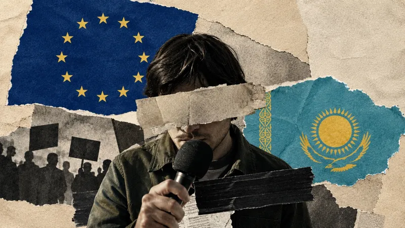 Мужчина на фоне флагов ЕС и Казахстана