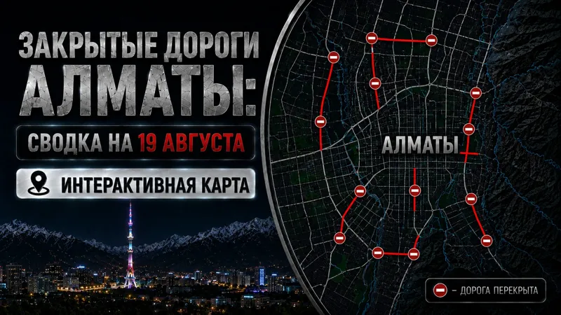 Коллаж карты перекрытых дорог в Алматы и телебашня Коктобе