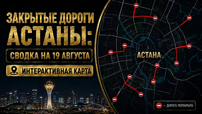 Коллаж карты перекрытия дорог в Астане и изображение Байтерека