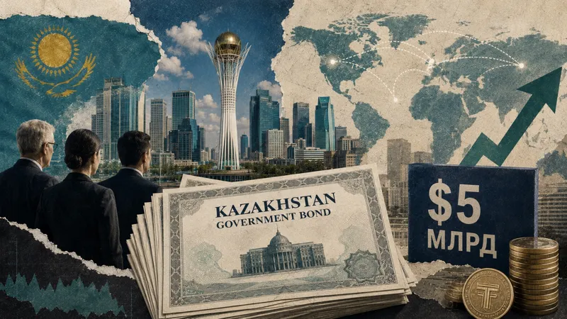 Коллаж с государственными облигациями Казахстана, монетами, символом тенге и панорамой Астаны