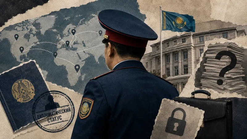 Сотрудник МВД Казахстана на фоне карты мира, государственного флага и здания дипломатического представительства