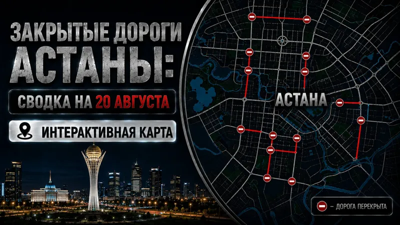 Коллаж карты перекрытия дорог в Астане и изображение Байтерека