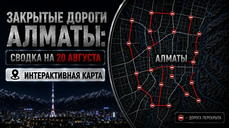 Коллаж карты перекрытых дорог в Алматы и телебашня Коктобе