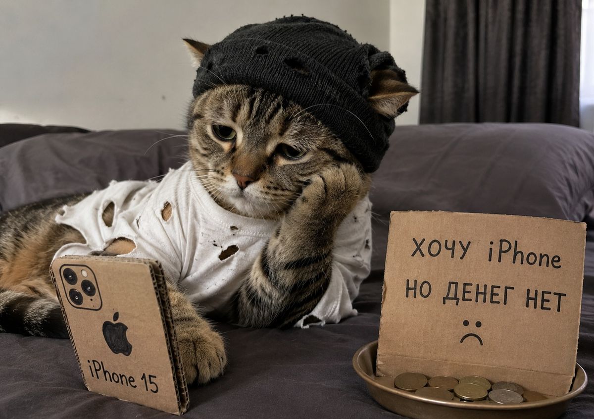 Котик с телефоном, мечтает об  iPhone Ultra