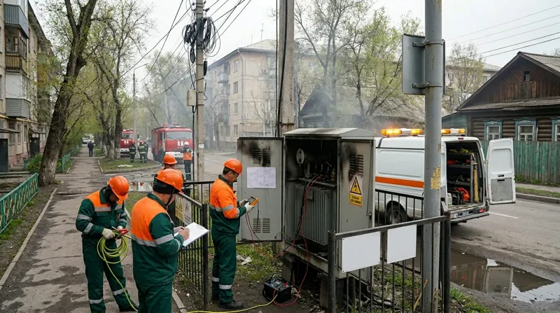 Специалисты аварийной службы ремонтируют поврежденный трансформатор на улице в Алматы