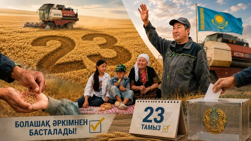 Сельский труженик и его семья на фоне пшеничного поля с числом 23, комбайна, флага Казахстана и урны для голосования