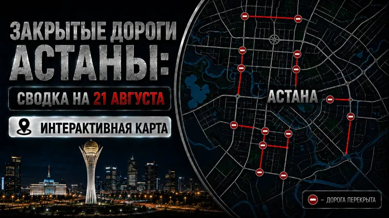 Коллаж карты перекрытия дорог в Астане и изображение Байтерека