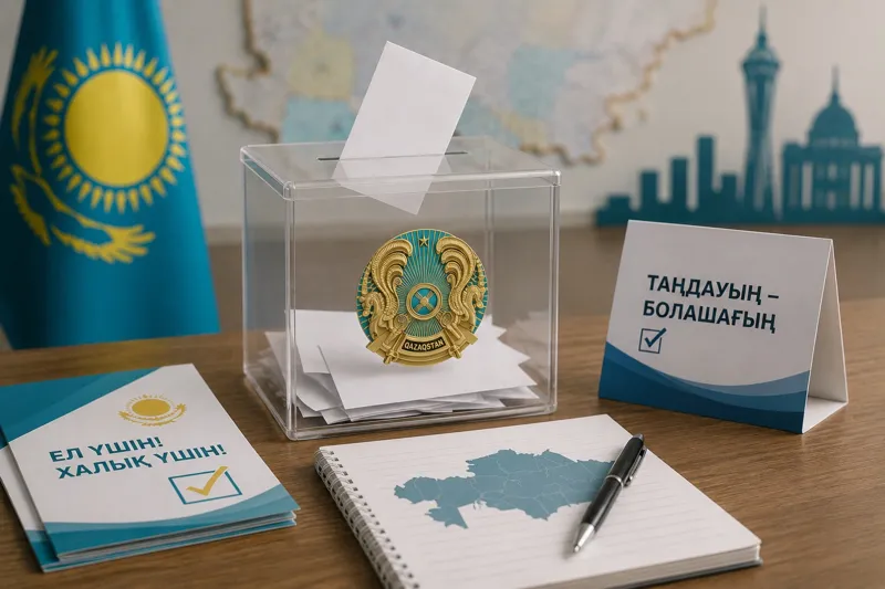 Урна с бюллетенями на фоне флага и карты Казахстана, рядом блокнот и информационные материалы о голосовании