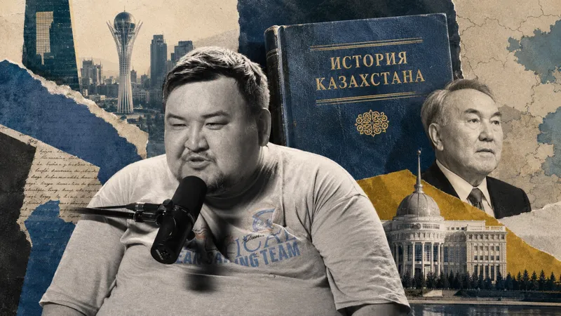 Коллаж с историком Жаксылыком Сабитовым, Нурсултаном Назарбаевым, книгой «История Казахстана» и зданиями Астаны