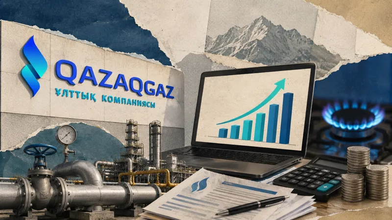 Коллаж с логотипом QazaqGaz, газопроводом, промышленным предприятием, газовой конфоркой, графиком роста и монетами