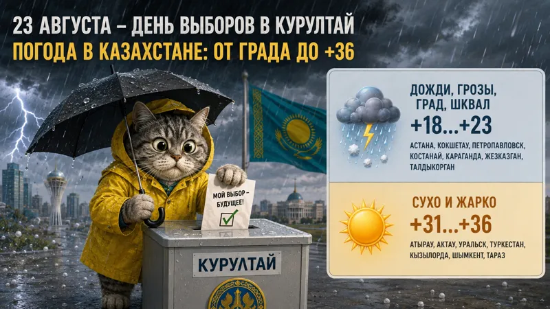 Иллюстрация прогноза погоды на 23 августа в Казахстане с дождём, грозой, градом и жаркой погодой в разных регионах