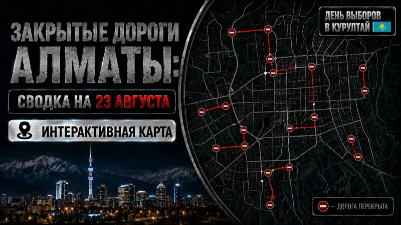 Коллаж карты перекрытых дорог в Алматы и телебашня Коктобе