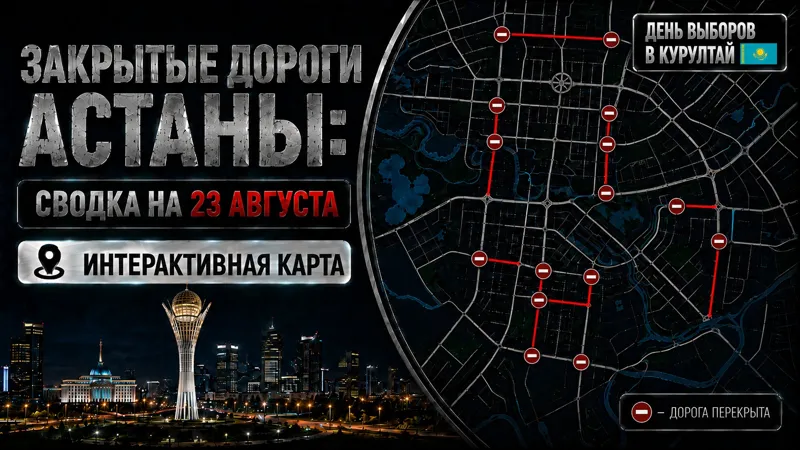 Коллаж карты перекрытия дорог в Астане и изображение Байтерека