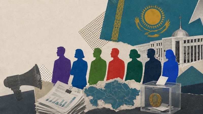 Иллюстрация к выборам депутатов курултая: силуэты представителей семи партий, урна для голосования, карта Казахстана, флаг и здание парламента