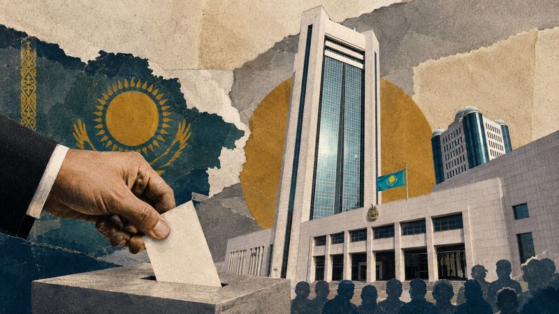 Иллюстрация к выборам депутатов курултая: рука опускает бюллетень в урну на фоне флага Казахстана, здания парламента и силуэтов избирателей